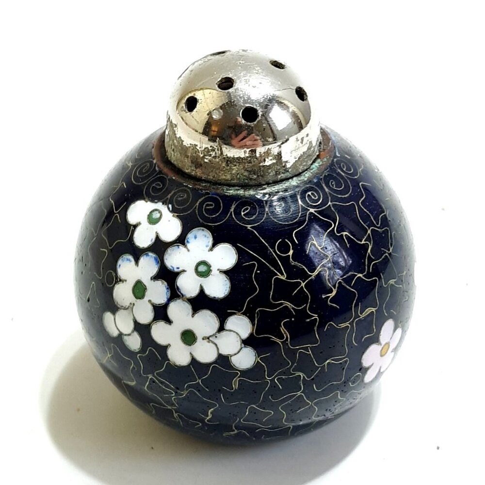 Chinese Cloisonne Salt  Vintage Enamel Brass Floral Black Blossoms  Pink